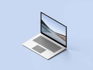 لپتاپ روشن با پس زمینه آبی